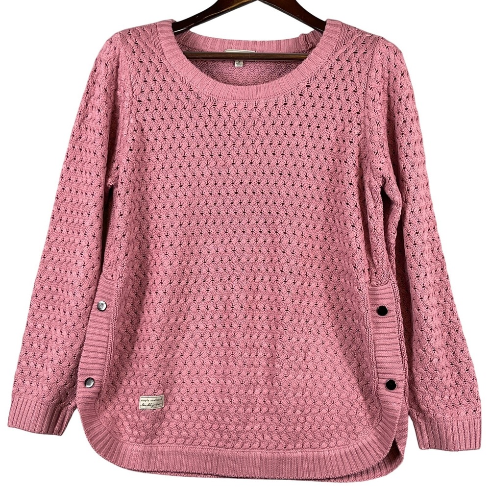 Simply Southern Womens S Pink Textured Knit Sweater Side Snap Crewneck Preppy
